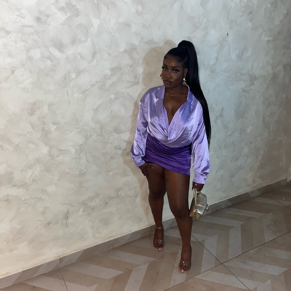 Stylish Purple lavender color block Satin-feel long sleeve Dress